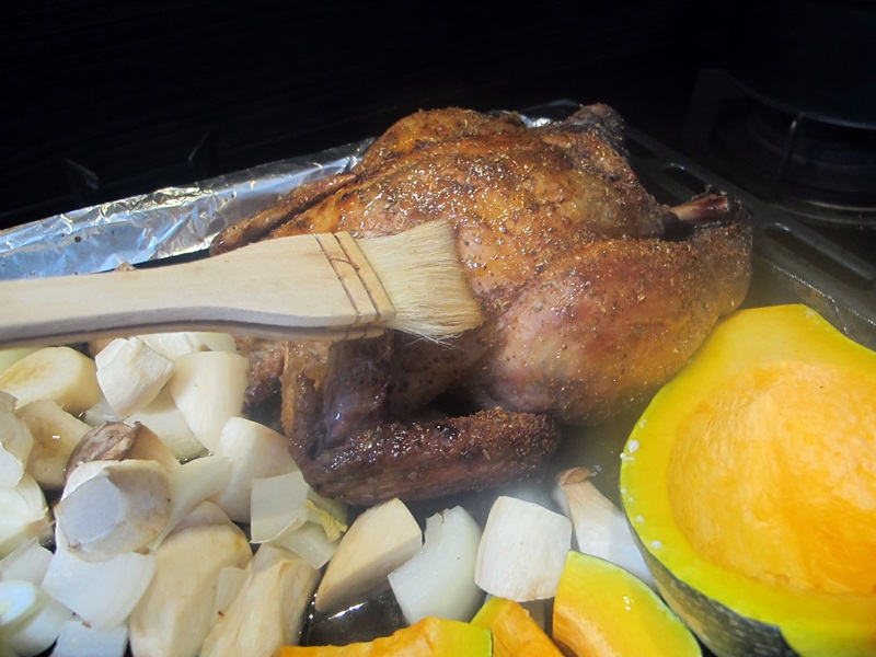 1496825879216478.jpg 3. 出爐前10分鐘,在南瓜和烤雞表面稍微抹上少許蜂蜜,.JPG